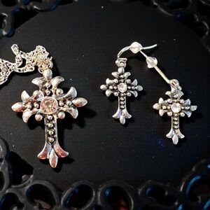 Ornate Gothic Silver Toned Cross Necklace and Earring Set.